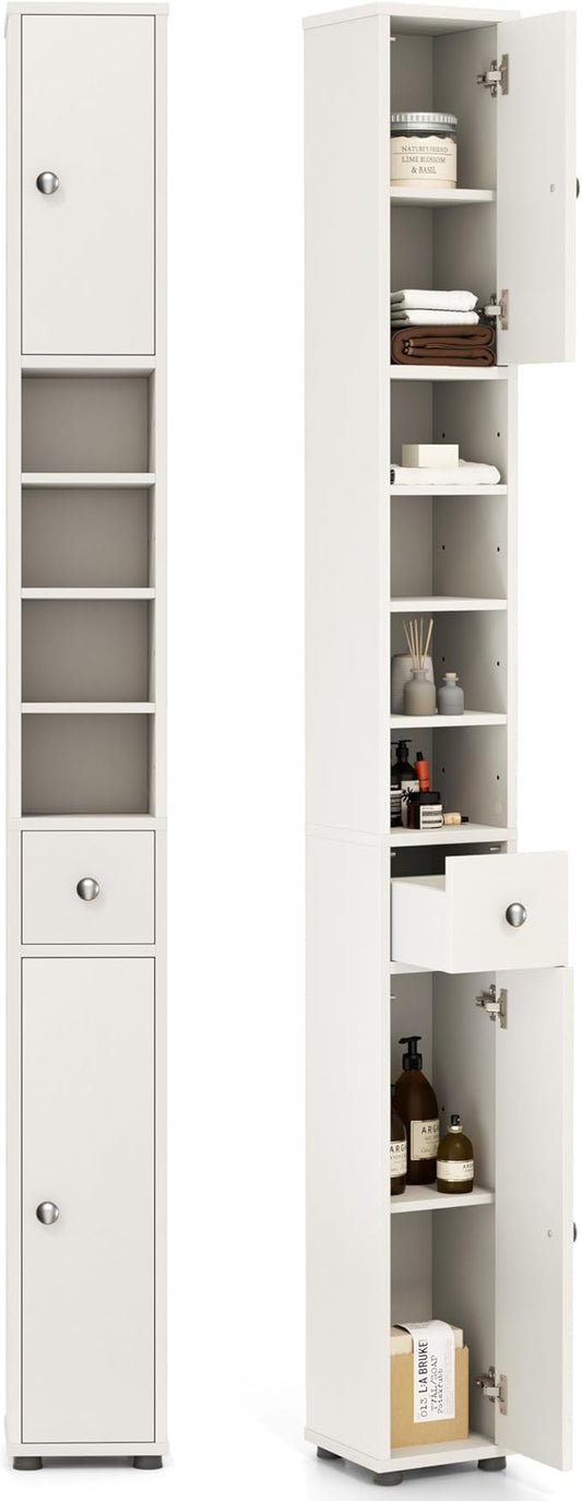 HOMGX 71” Tall Bathroom Storage Cabinet, Freestanding Linen Floor Cabinet with Drawer, Doors & Adjustable Shelves, Narrow Slim Cabinet for Living Room, Entryway, Small Spaces (White)