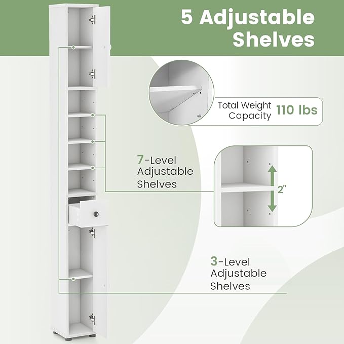 SIMOE Tall Bathroom Storage Cabinet, 32.5lbs Heavy-Duty 8" Slim Narrow Floor Cabinet with 5 Adjustable Shelves & Drawer, 71" Freestanding Skinny Linen Tower for Small Spaces, Moisture-Proof, White
