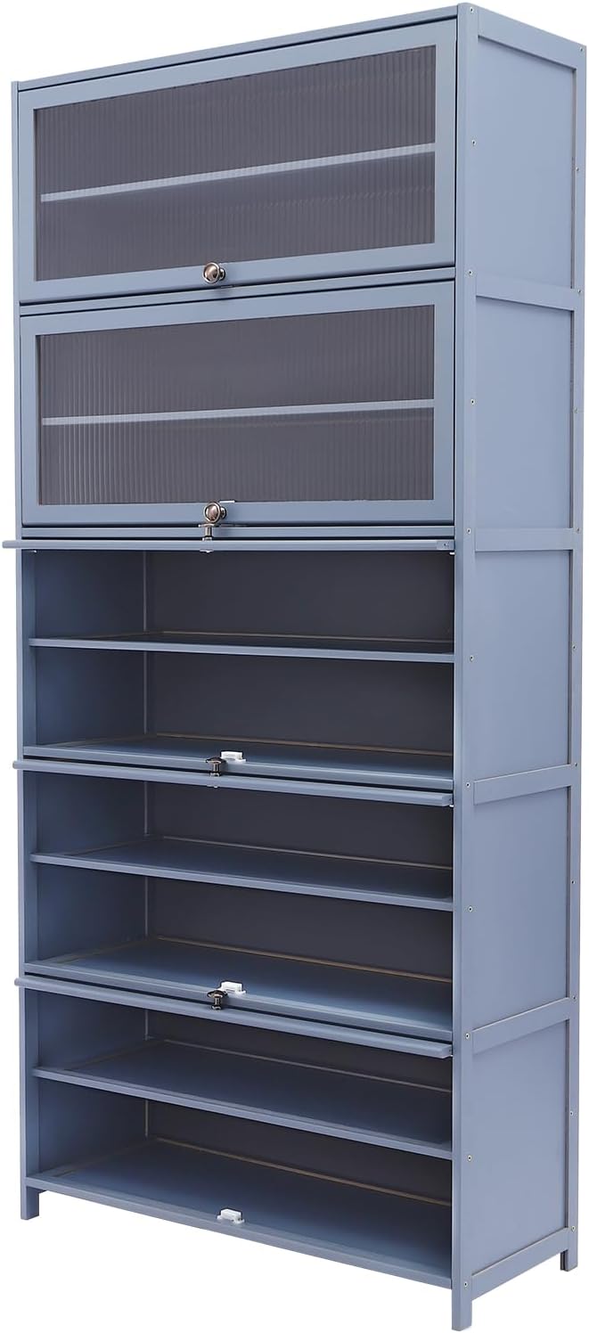 10 Tiers Shoe Rack, Bamboo Shoe Cabinet with Flip Doors Freestanding Shoe Shelf Storage Organizer for Closet, 40-45 Pairs Large Capacity Shoe Storage Cabinet for Closet, Hallway (Grayish Blue)