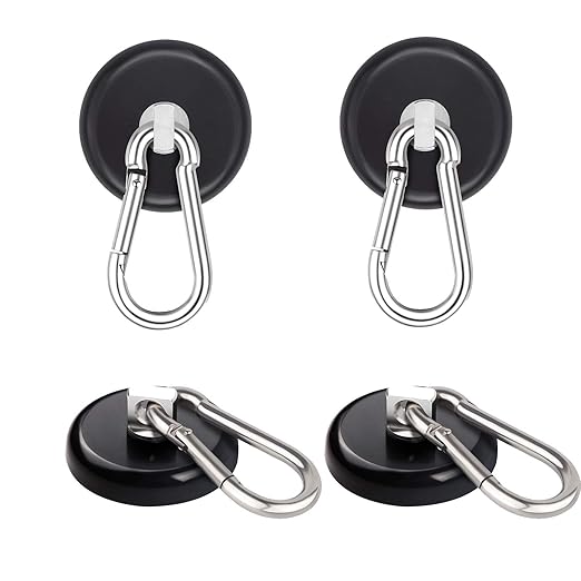 Ant Mag Heavy Duty Neodymium Magnet Hooks with Swiveling Carabiner - 140LBS Capacity, Indoor/Outdoor Use (4 Pack Black)