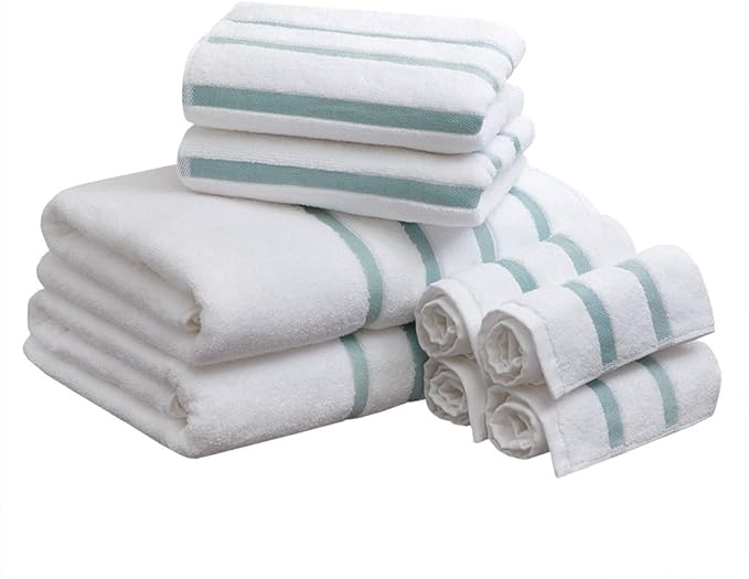 Comfort Spaces Cotton 8 Piece Bath Towel Set Striped Ultra Soft Hotel Quality Quick Dry Absorbent Bathroom Shower Hand Face Washcloths, Multi-Sizes, Zero Twist Aqua 8 Piece
