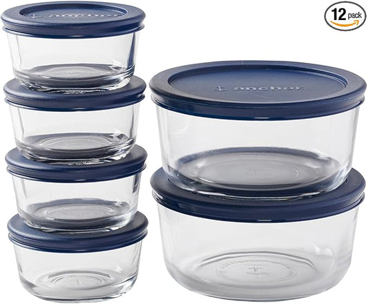 Anchor Hocking 12 Piece Glass Storage Containers with Lids (6 Glass Food Storage Containers & 6 Navy Blue SnugFit Lids)