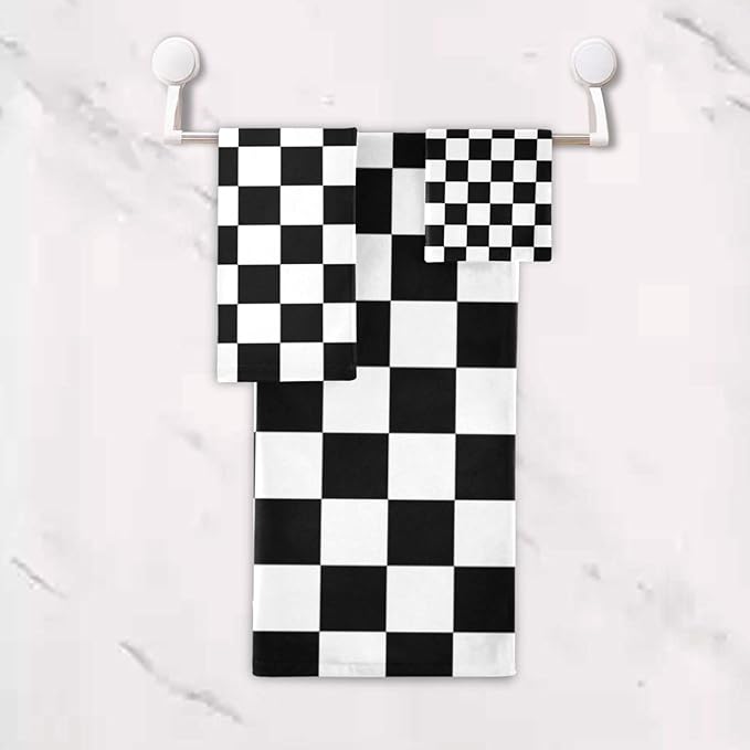 Black White Checkered Bath Towels Set, 3 Piece Geometric Checkerboard Towel Set(1 Bath Towel 1 Hand Towel 1 Washcloth), Absorbent Microfiber Modern Decorative Bathroom Towels for Hair, Face