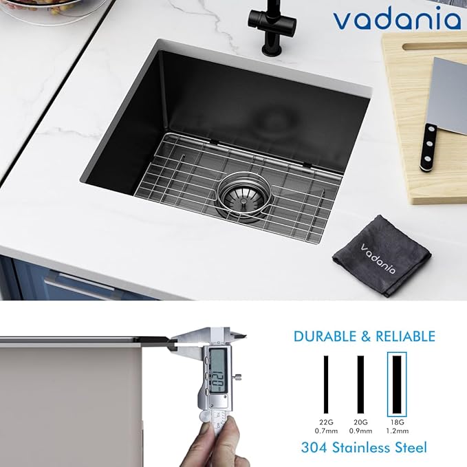 VADANIA 20-inch Kitchen Bar Sink, Black-plated Finish, 20"x18"x10", Single Bowl, Undermount, 18 Gauge T304 Stainless Steel, with Strainer & Bottom Grid, cUPC listed