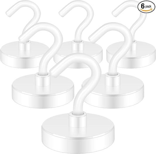 Neosmuk Magnetic Hooks Heavy Duty,Strong Magnet with Hook for Fridge, Super Neodymium Extra Strength Industrial Hooks for Hanging, Magnetic Hanger for Toolbox, Cruise, Grill(White,6 Pack)