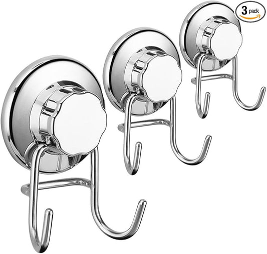 SANNO Suction Cup Hooks, Shower Squeegee Holder Towel Robe Loofah Hooks Hanging Shower Accessories, Chrome (3 Pack)