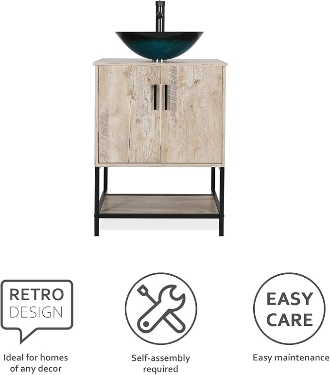 eclife 24" Bathroom Vanity Sink Combo Modern Metal Stand Cabinet W/Bottom Shelf Turquoise Square Vessel Sink & Water Save Faucet & Pop Up Drain, Oak (A10)