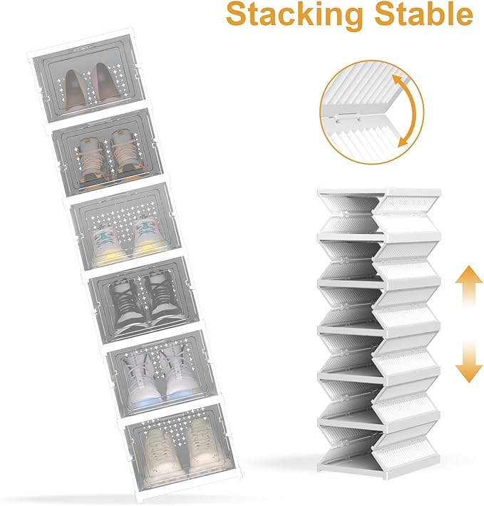 Foldable Shoe Storage Organizer, Stackable Boxes for Closet, Foldable Space-Saving Shoe Rack for Sneaker Boot Container, Acrylic Shoe Cabinet Shoe Box（6 Pack,White