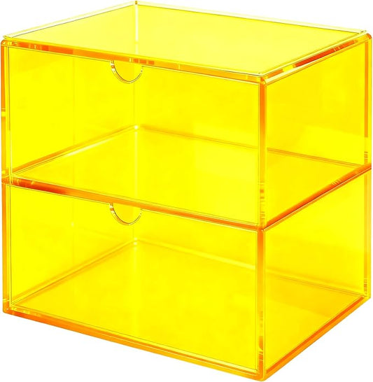 Acrylic Desk Organizer with Drawers Stackable Makeup Organizer for Vanity Office Countertop Cosmetic Display Cases Makeup Storage Box, Neon Yellow