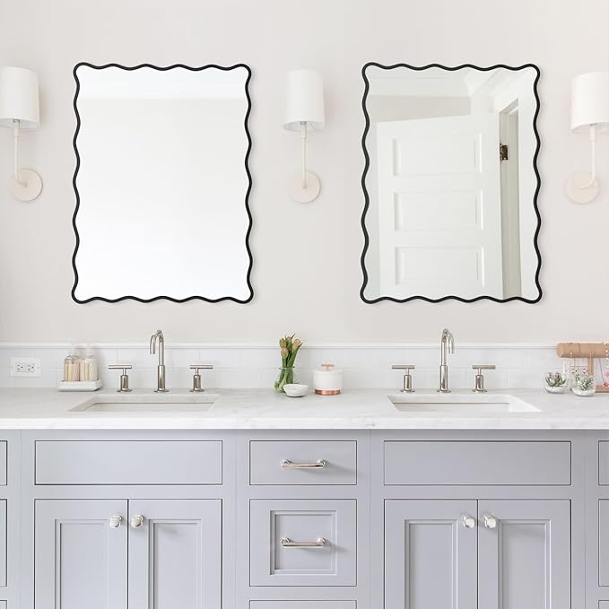 Rectangle Wavy Wall Mirror for Bathroom,18"x24" Black Scalloped Wood Frame Vanity Mirror Decorative for Bedroom Living Room Home House Office Entryway