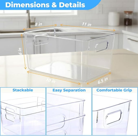 MOONEDGE 4 Pack Open Clear Plastic Storage Bins 11"x8"x6" Stackable Organizer Containers with Handle for Kitchen, Pantry, Fridge, Bathroom,Cabinet,Closet Storage