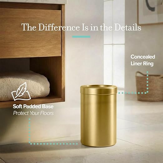 Gatco Small Bathroom Trash Can with Lid, Round 3 Gallon Stainless Steel Wastebasket, Under Sink, Brushed Brass, for Bathroom, Bedroom, Office (1910B)