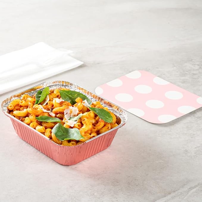 Restaurantware 12 Ounce Disposable Takeout Containers 50 Rectangle Food Containers - With Polka Dot Lids Pink Takeaway Containers Aluminum Delivery Containers Freezable