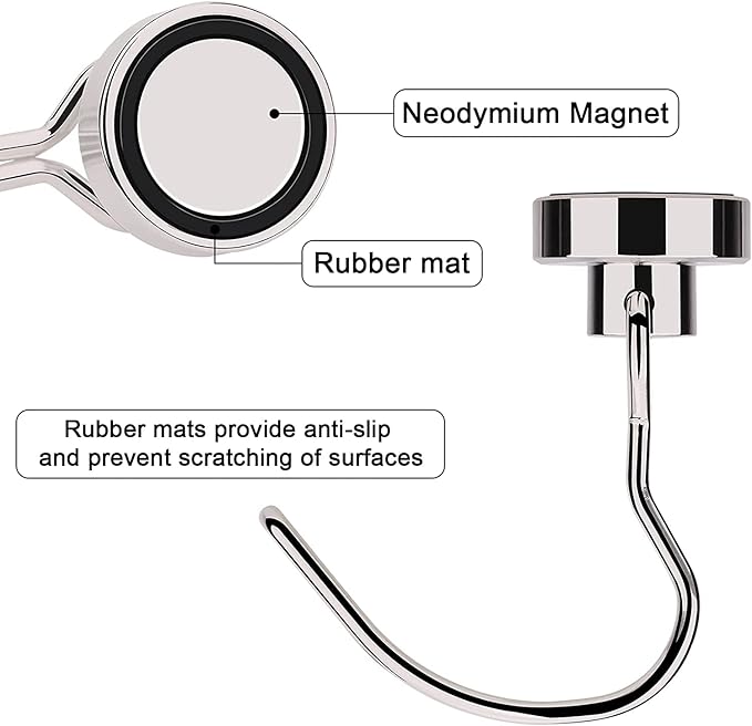 Donanim Magnetic Hooks,Heavy Duty 30LBS 8 Pack Neodymium Magnet Hook Hold for Kitchen Tools Hanging, Refrigerator, Grill, Kitchen, Key Holder, Silver