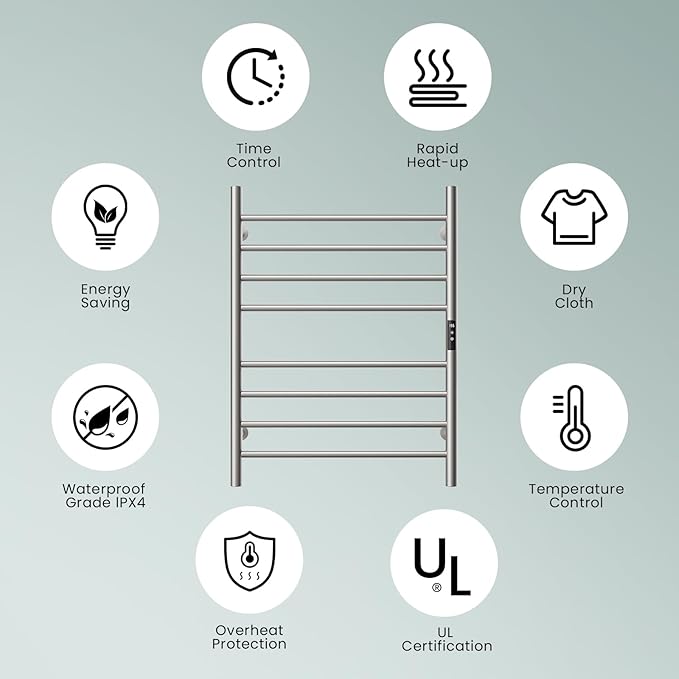 Wall Towel Warmer Rack for Bathroom - 8 bar Heated Towel Rack Timer and LED Indicator for Bathroom, Wall Mounted Electric Towel Rack, Stainless Steel Brushed, Plug-in