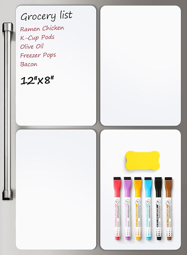 4 PACK Magnetic Dry Erase Board Sheet for Fridge, 12"x8" Erasable Refrigerator WhiteBoard w/ 6 Markers & 1 Eraser- Smooth and Flexible Small Magnet Blank Notepad for Home Kitchen Organizer and Planner