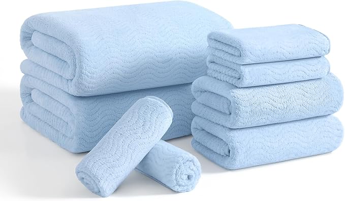 8 Piece Bath Towel Set Blue — 2 Oversized Large Bath Sheet,2 Hand Towels,4 Washcloths — Ultra Soft Cozy Bath Towel Set for Bathroom Hotel Gym Spa,Highly Absorbent & Quick Dry Bathroom Towel Collections