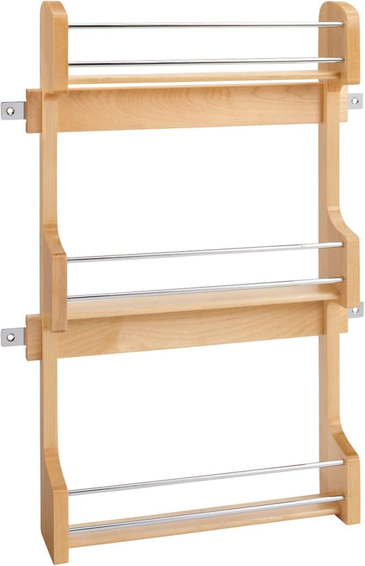 Rev-A-Shelf 18" 3 Tiered Pull Out Shelf Organizer for Kitchen Cabinets, Pantry Storage Spice Seasoning Rack, Door/Wall Mounted, Maple Wood, 4SR-18