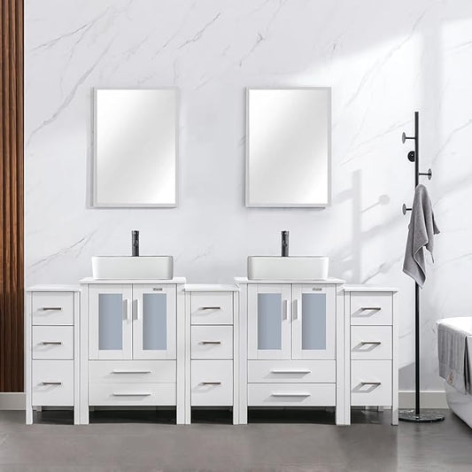 eclife 84" Modern Bathroom Vanity Sink Combo Freestanding Cabinet with Small Side Cabinet, White Black Ceramic Vessel Sink, Water Save Faucet, Drain (White+T03BK)