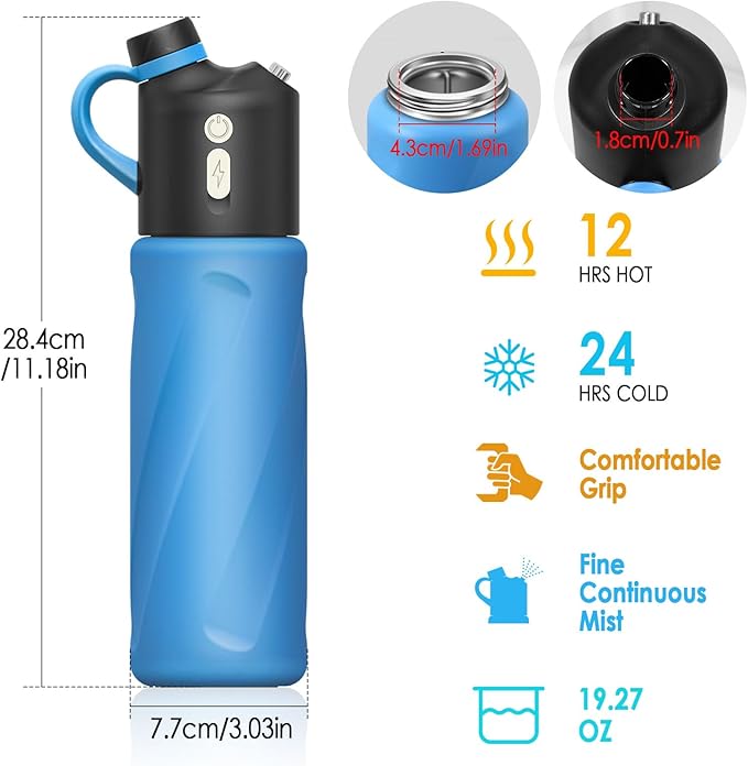 Electric Misting Water Bottle — No Straw, No Leak Design — Stainless Steel Double Wall Insulation — Food-Grade Materials — For Gym, Hiking, Golf