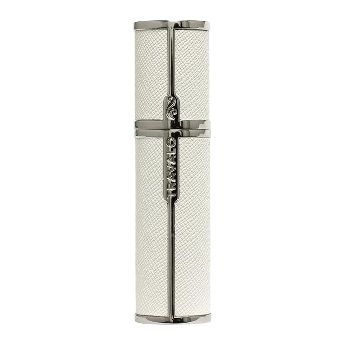Milano Perfume Atomizer - Leak-Proof and TSA Approved for Air Travel - Reusable, Airtight, Easy Fill Mini Pump Sprayer - Lightweight, Vegan Leather with Polished Metal Outer Shell - White