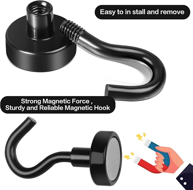 E BAVITE Black Magnetic Hooks, 30Lbs Heavy Duty Earth Magnets with Hook, Extra Strong Cruise Hook for Hanging, Home, Kitchen, Office, Cruise – 10pack