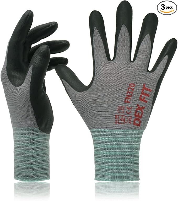 DEX FIT Premium Nylon Nitrile Work Gloves FN320, 3 Pairs, 3D-Comfort Stretchy Fit, Firm Grip, Thin & Lightweight, Durable, Breathable & Cool, Machine Washable; Grey 10 (XL)