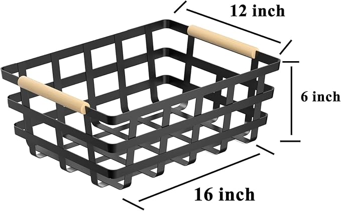 Large Metal Farmhouse Baskets,4 Packs Pantry Storage Baskets,Matte Black Food Organizer Storage Bin Basket with Wood Handles for Kitchen Cabinets Shelf Pantry