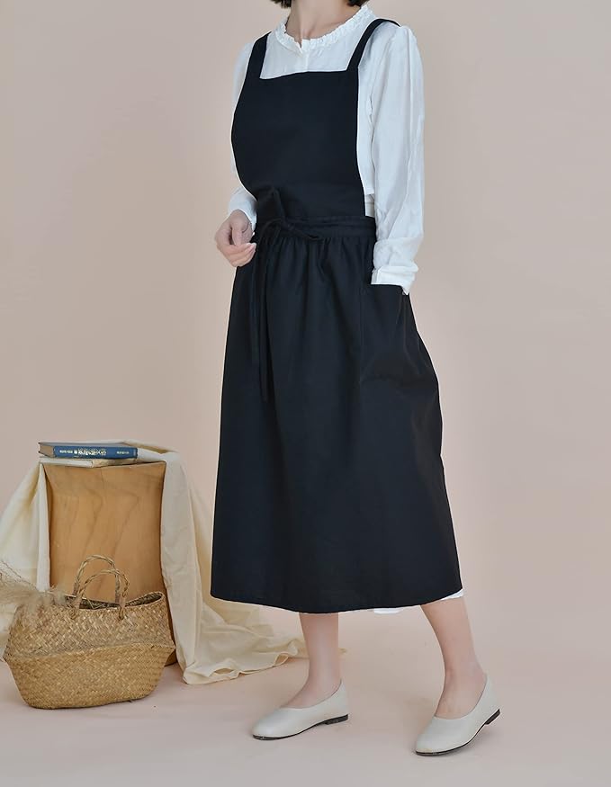VLZUFE Women Cotton Linen Cross Back Apron with Pockets for Gardening Works Pinafore Dress Black