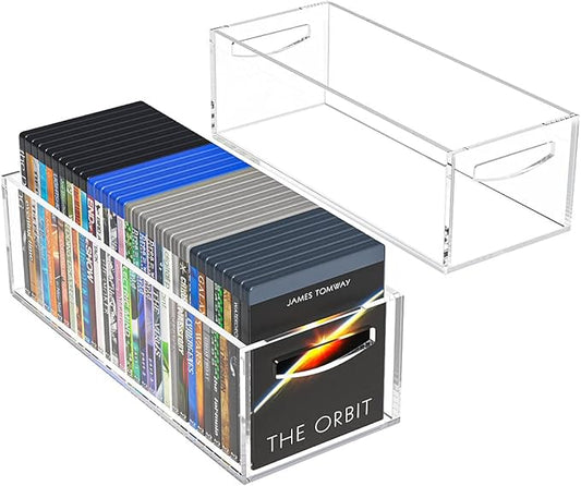 AITEE 2 Pack DVD/CD Storage Box, Acrylic Storage Container for Blu-Rays, Small Books/Booklets, Video Game Cases and Video Game Controllers, Storage Organizer for Countertop/Kitchen/Bathroom/Cabinet