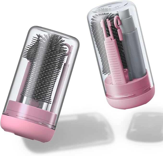 Travel Baby Bottle Brush Set with Extendable Silicone Bottle Brush，Nipple Brush,Staw Brush,Baby Bottle Soap Dispenser,Gift for Newborn Mothers, Suitable for Travel and Home(Peach Pink)
