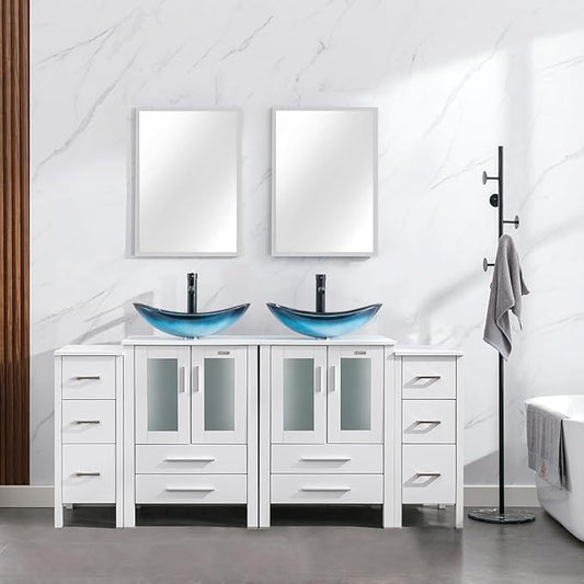 eclife 72" Modern Bathroom Vanity Sink Combo Freestanding Cabinet with Small Side Cabinet, Blue Boat Glass Vessel Sink, Water Save Faucet, Drain (White+A29BU)