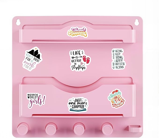 JUMEIHUI Pink Bedside Shelf Organizer - Wall Mount Phone Holder with Glasses Hook & 50 Motivational Stickers for Girls Bedroom Dorm Decor