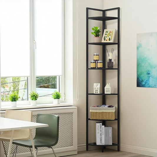 CAPHAUS 6-Tier Corner Shelf, 71.1-Inch Tall Corner Bookshelf with Metal Frame, Round Corner Display Rack, Tall Stand for Bathroom, Living Room, Home, Office, Black