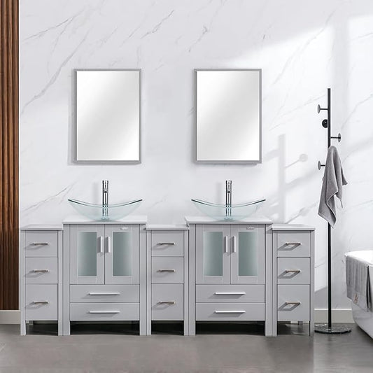 eclife 84" Modern Bathroom Vanity Sink Combo Freestanding Cabinet with Small Side Cabinet, Clear Boat Glass Vessel Sink, Water Save Faucet, Drain (Gray+A29TT)