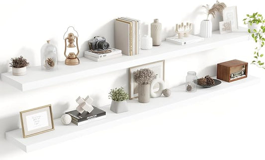 72 Inch Floating Shelves, 8 Inch Deep Floating Shelves for Wall, Hanging Shelf with Invisible Brackets, Deep Shelves for Bathroom, Bedroom, Living Room, White, Set of 2