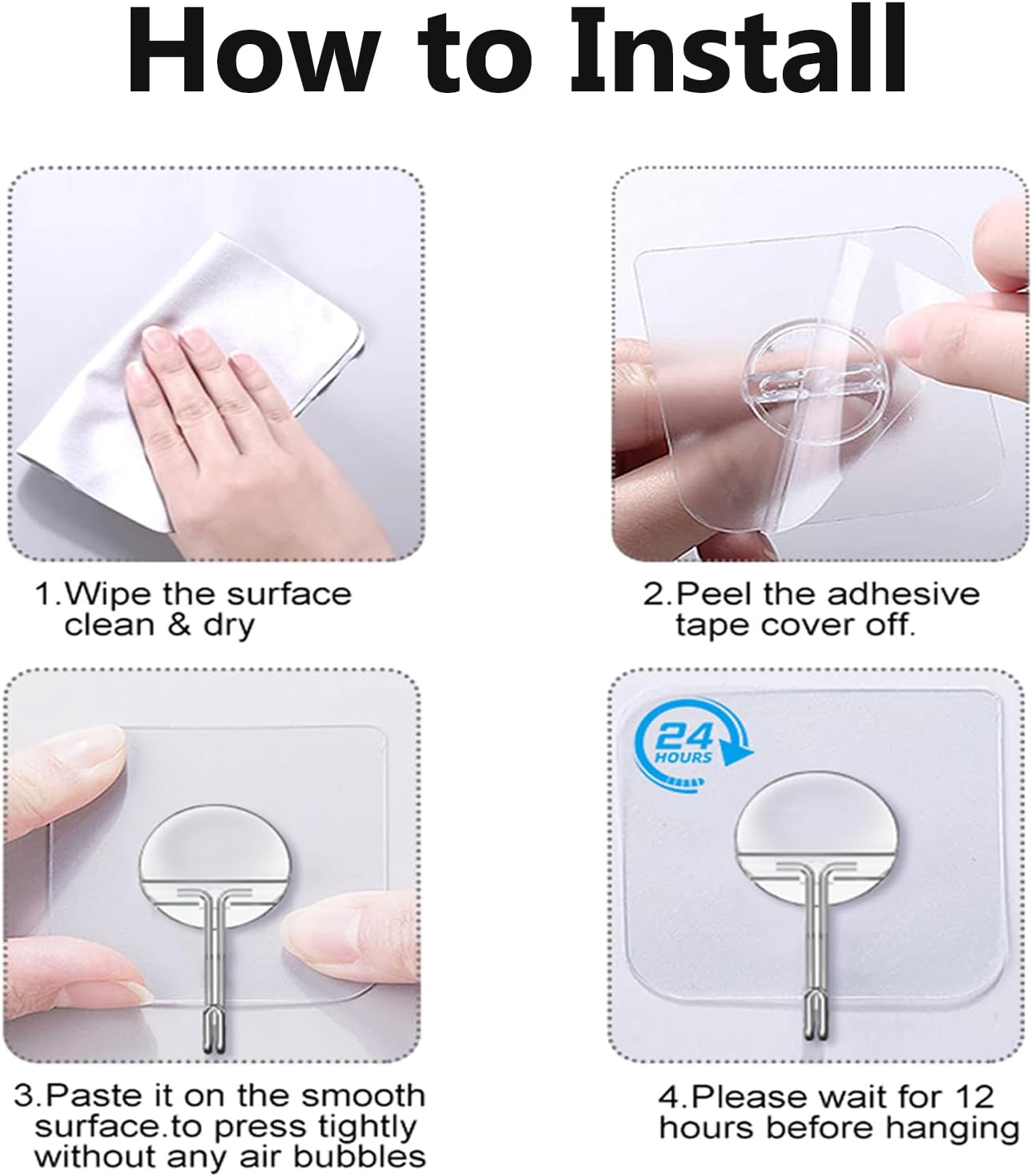 Adhesive Wall Hooks 13LB Heavy Duty, No Drill, Transparent Waterproof Hooks for Bathroom, Kitchen, Towel & Coat — 12 Pack