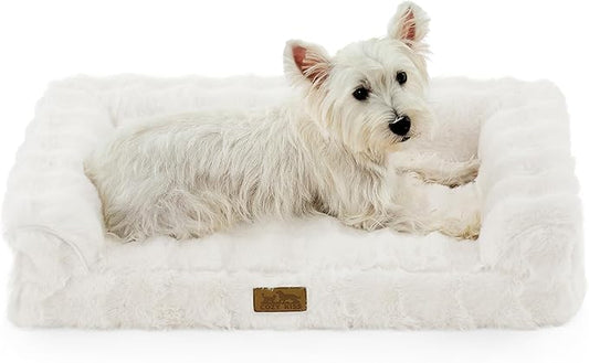 Faux Fur Orthopedic Dog Bed, Dog Bed for Medium Size, Supportive Foam Pet Sofa with Waterproof Lining Cover, Washable U-Shaped Pet Couch with Anti-Slip Bottom, Beige M 30x20x6.5 inch