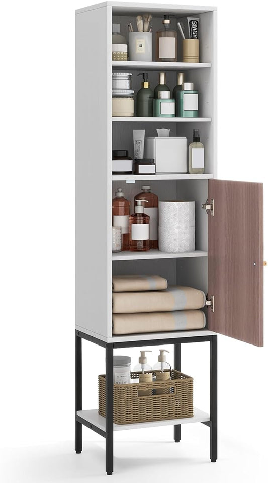 Tangkula Tall Bathroom Storage Cabinet with 1 Door and 4 Shelves, 57" H Narrow Floor Cabinet with Adjustable Shelves, Tall Slim Bathroom Cabinet for Living Room, Entryway, Kitchen (White)