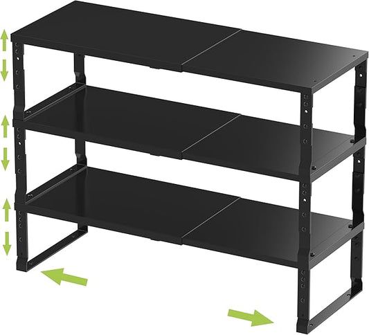 Expandable Stackable Spice Rack Organizer for Kitchen Cabinet,Adjustable Counter Shelf, countertop, Pantry,Cupboard,Bathroom,Bedroom(3Packs/Black/Large)