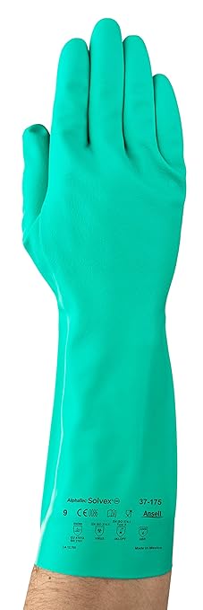 Ansell AlphaTec Solvex 37-175 Flocked Chemical-Resistant Gloves for Cleaning, Agriculture, Food, Mechanics, Oil - Large, Green (3 Pairs)