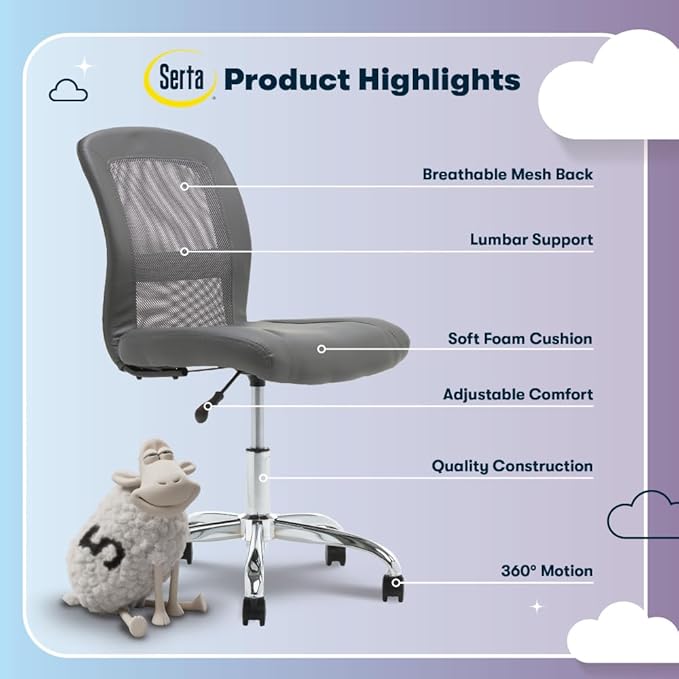 Serta Essential Armless Task Chair, Small Desk Chairs with Wheels, Breathable Mesh Back and Faux Leather, Quality Foam Cushion Seat for Comfort, Minimal Design for Vanity Table, Gray