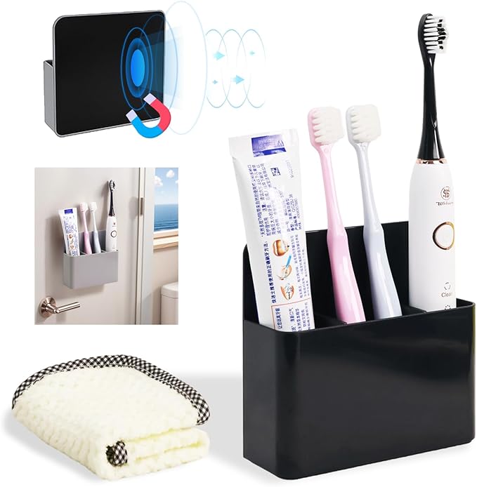 Magnetic Toothbrush Holder for Cruise Ship Cabin – Wall-Mounted Cruise Bathroom Organizer with 2 Removable Dividers & Towel, Cruise Essentials 2025 & Cruise Must Haves for Alaska & Caribbean Cruises