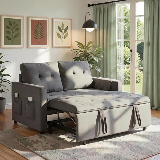 Sofa Bed, Pull Out Couch with Side Pockets, 3 in 1 Velvet Fabric Loveseat Sleeper Sofa Bed, Pull Out Couch with Adjustable Backrest for Living Room, Bedroom, Apartment, Gray, 53 Inch