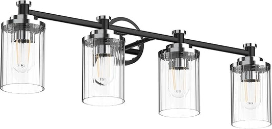 Bathroom Lighting Fixtures Black and Chrome Bathroom Vanity Light with Cylindrical Clear Stripes Glass Lampshade E26 Socket Base Bathroom Lighting Fixtures Over Mirror (4 Lights)