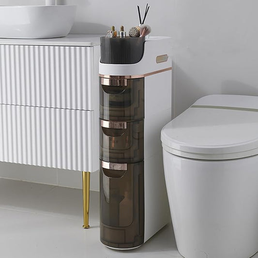4 Tiers Narrow Bathroom Storage Cabinet with 3 Drawers,Movable Bathroom Floor Storage Cabinet with and Tissue Holder,Slim Cabinet for Small Space,Bathroom, Kitchen, Bedroom