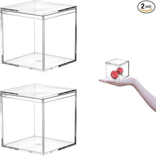 Small Acrylic Box Clear Square Cube 2 Packs Plastic Display Boxes with Lid Jewelry Storage Organize Containers