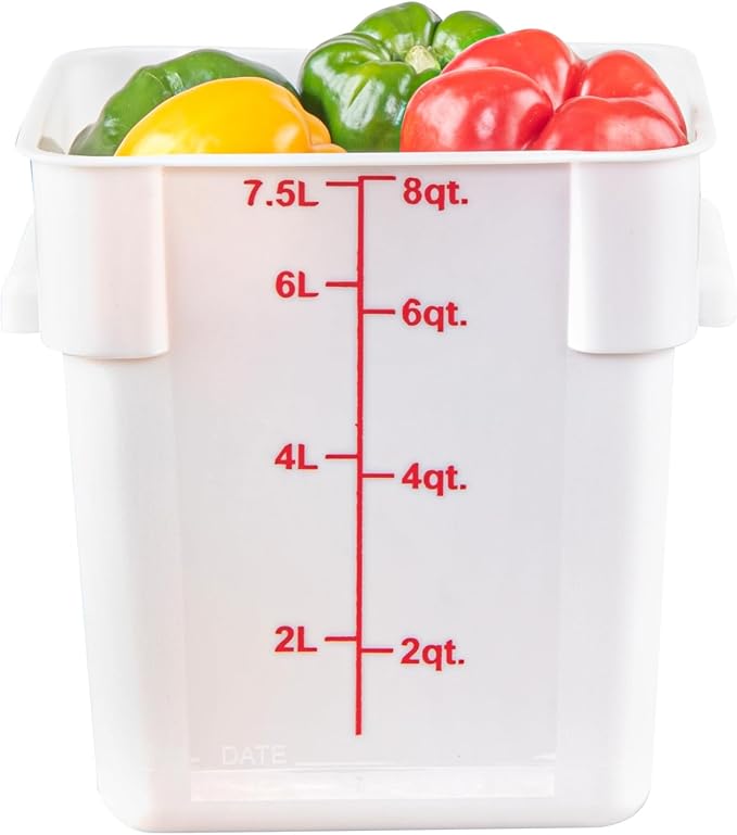 Restaurantware Food Storage Container 10 Pack of 8 qt Plastic Kitchen Storage Bin with Volume Markers Space-Efficient Design Dishwasher-Safe Polypropylene White