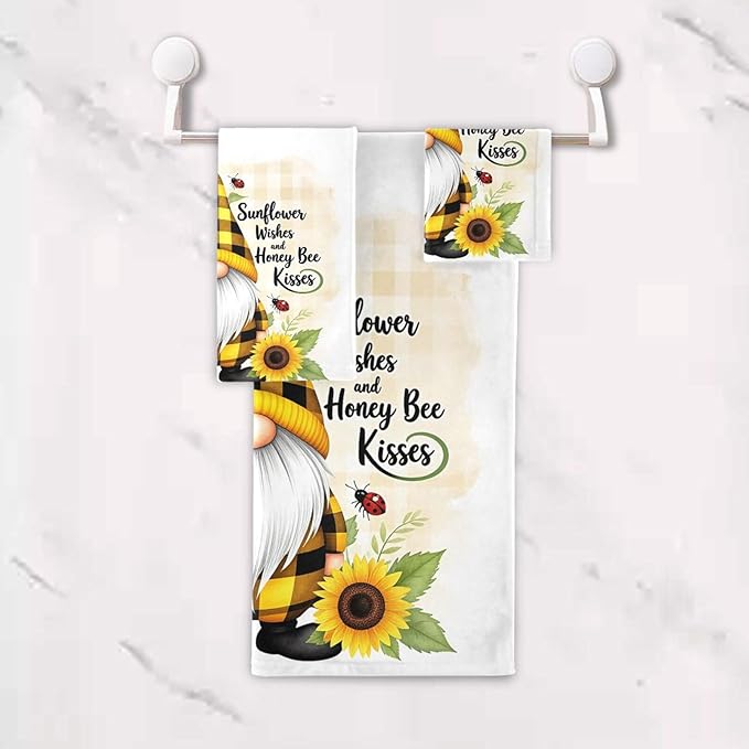 Gnome Sunflower Flowers Towels Set of 3 Bee Plaid Spring Bathroom Towel Soft Absorbent Bath Hand Towels Washcloth Guest Towel Sets Bathroom Decorations