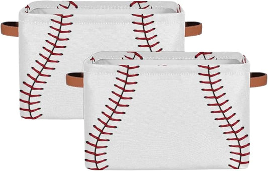 Pardick 2Pack Sports Baseball Print Large Collapsible Storage Bins,Sports Basket Decorative Canvas Fabric Storage Boxes with Handles,Rectangular Shelves Baskets Box for Home Office Nursery Closet